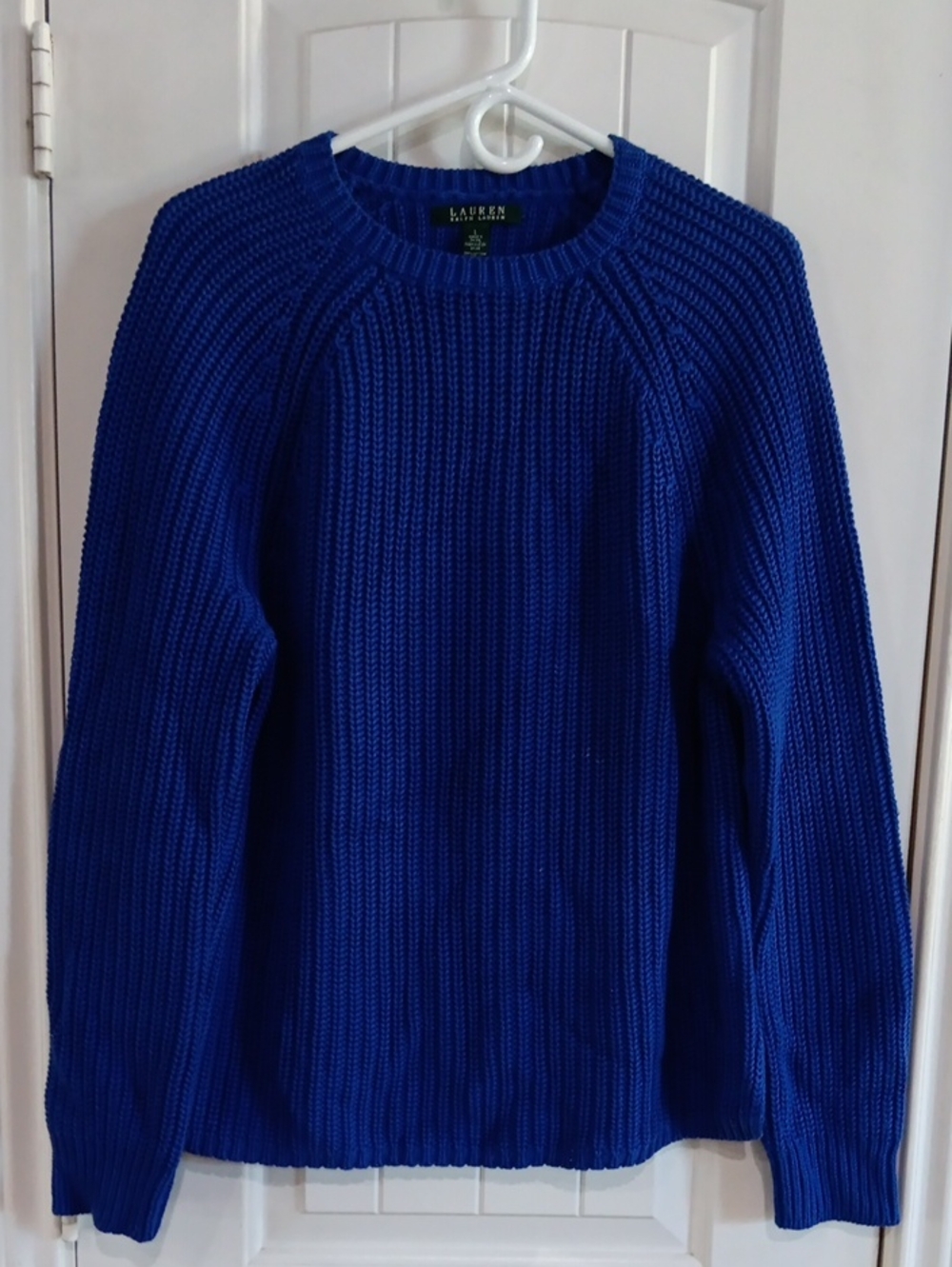 Lauren Ralph Lauren Blue Cotton Shaker Stitch Knit Crewneck Sweater L